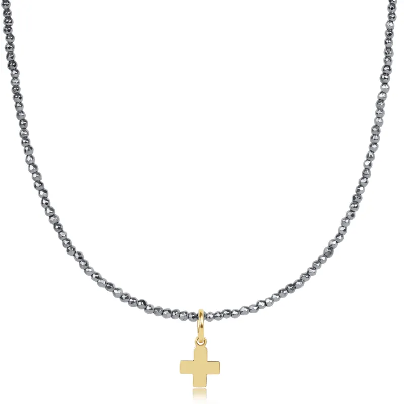 choker silver faceted hematite 2mm bead - signature cross gold charm sold by enewton