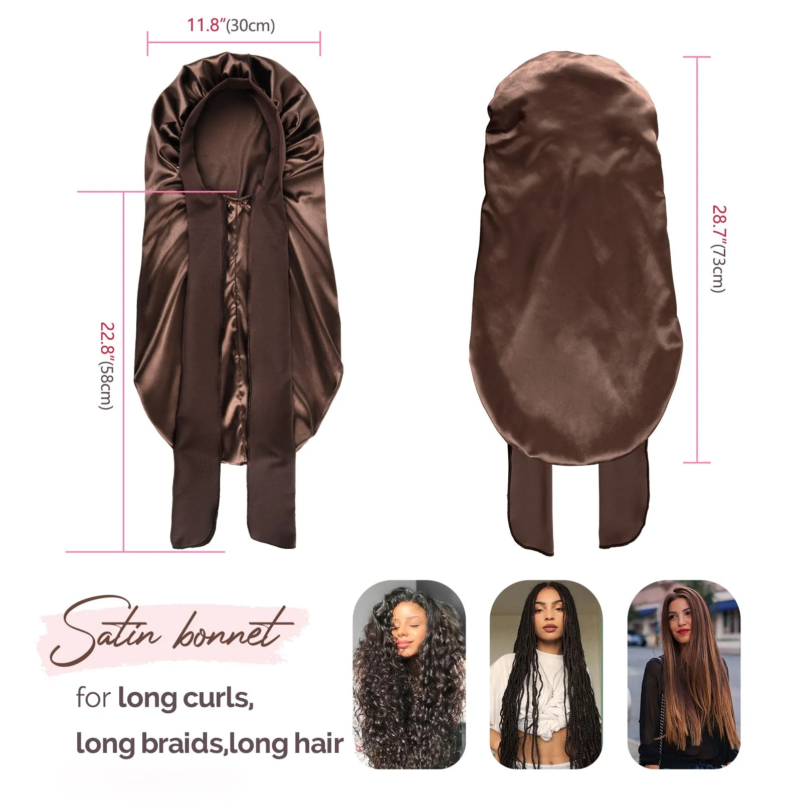 Silk Butter Satin Bonnet For Braids with Tie Band - Brown sold by YANIBEST product image thumbnail 2