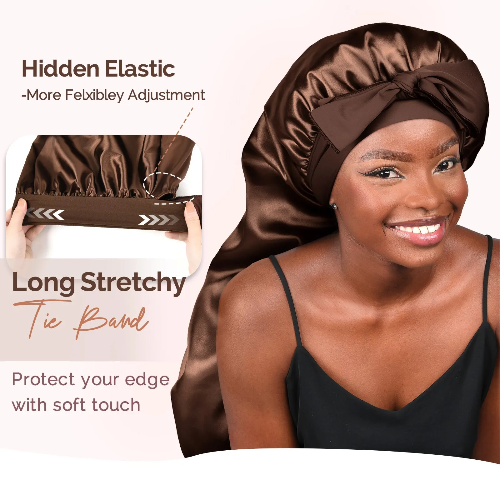 Silk Butter Satin Bonnet For Braids with Tie Band - Brown sold by YANIBEST product image thumbnail 3