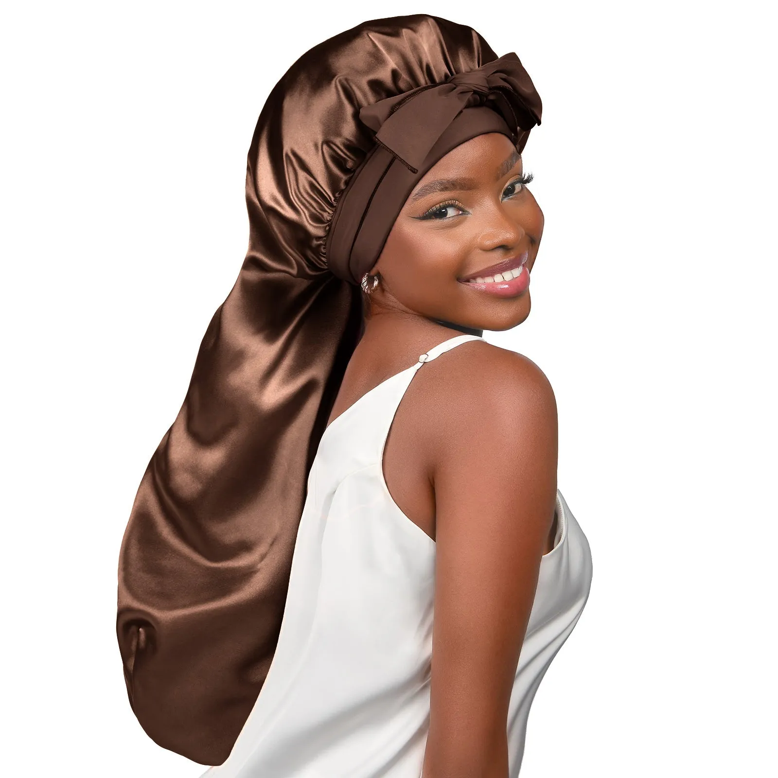 Silk Butter Satin Bonnet For Braids with Tie Band - Brown sold by YANIBEST