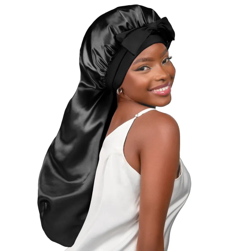 Tie Band Long Braids Butter Satin Bonnet | Black sold by YANIBEST