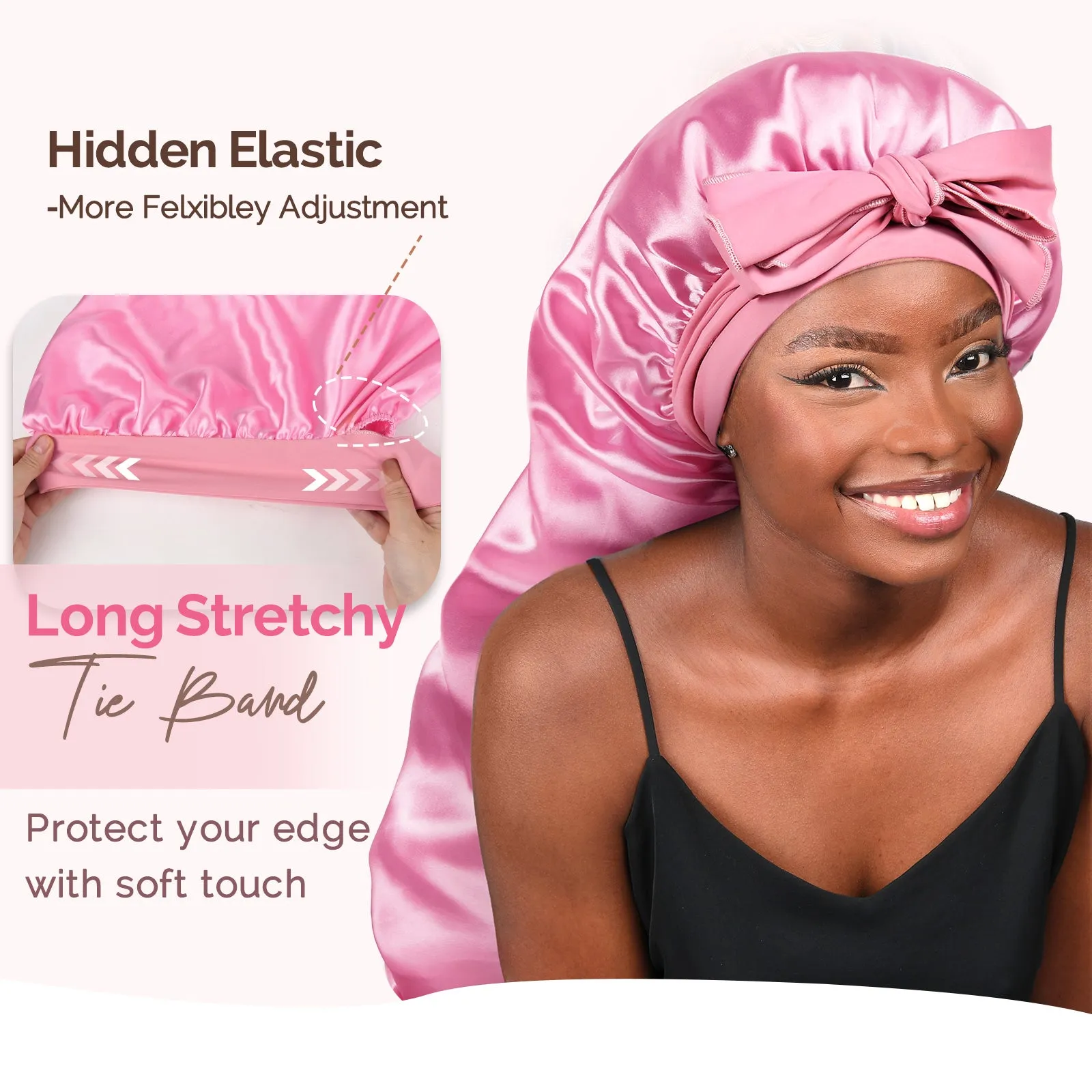 Silk Butter Satin Bonnet For Braids with Tie Band - Light Rose Pink sold by YANIBEST product image thumbnail 3