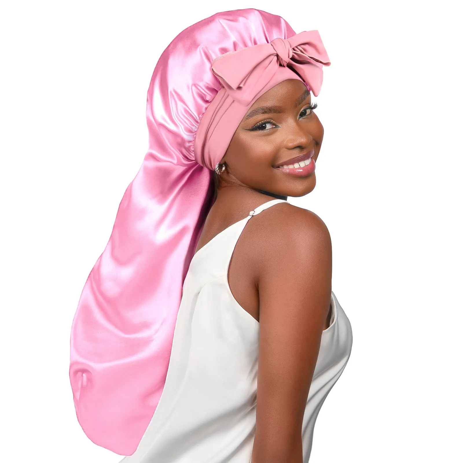 Silk Butter Satin Bonnet For Braids with Tie Band - Light Rose Pink sold by YANIBEST