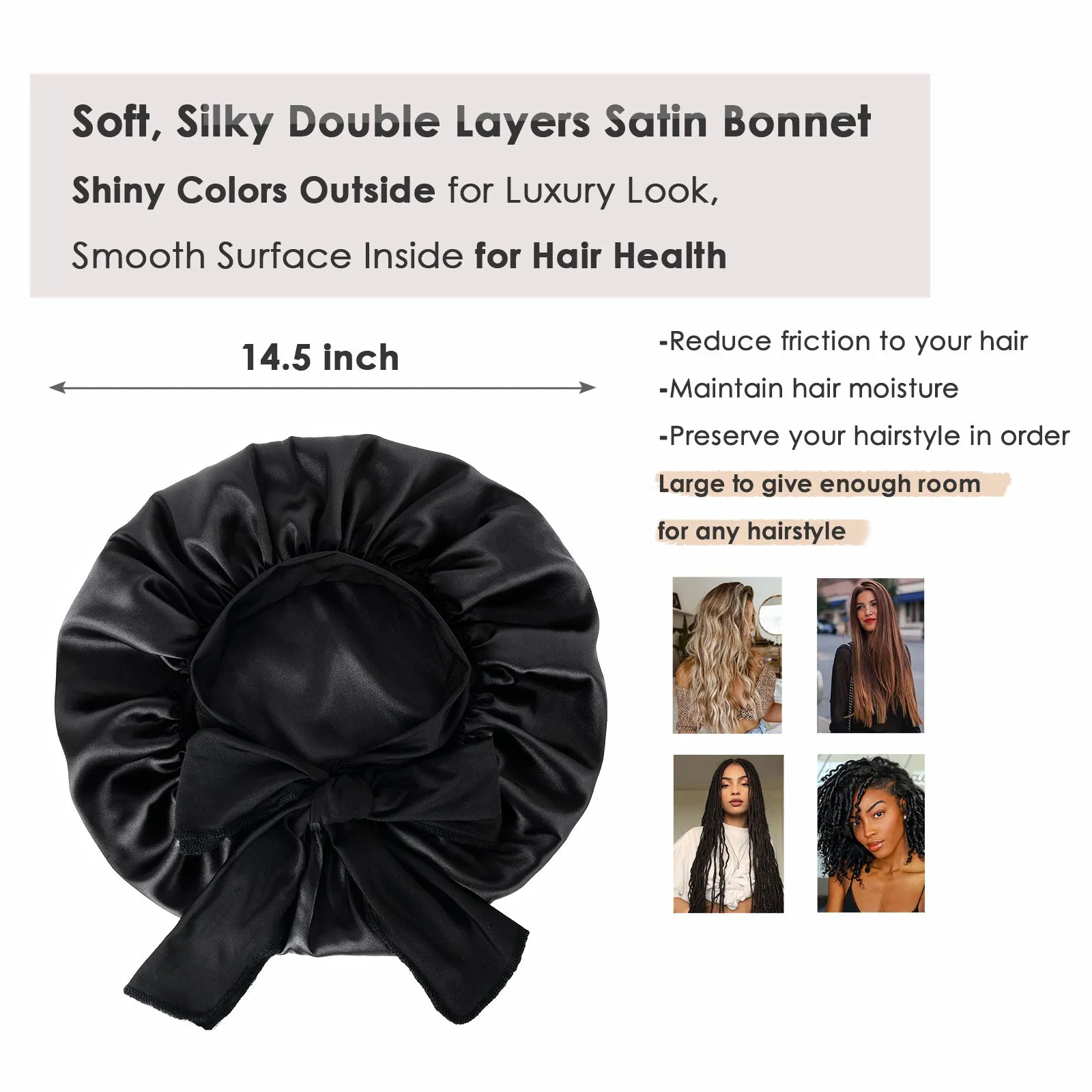 Silk Butter Satin Bonnet with Tie Band - Black sold by YANIBEST product image thumbnail 4