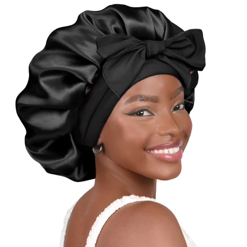 Tie Band Double Layer Butter Satin Bonnet | Black Black sold by YANIBEST