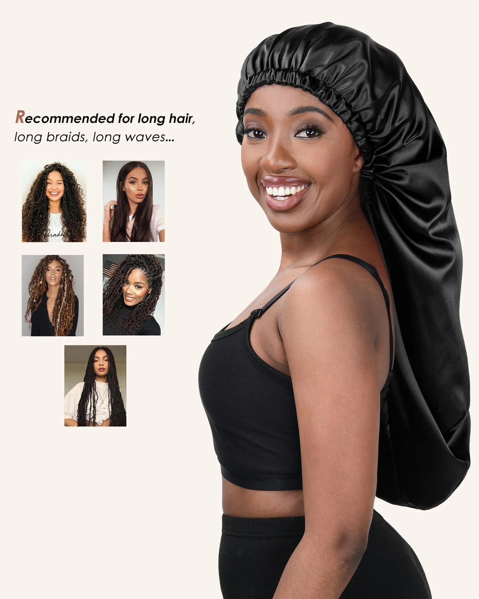 Silk Butter Satin Bonnet For Braids - Black sold by YANIBEST product image thumbnail 4