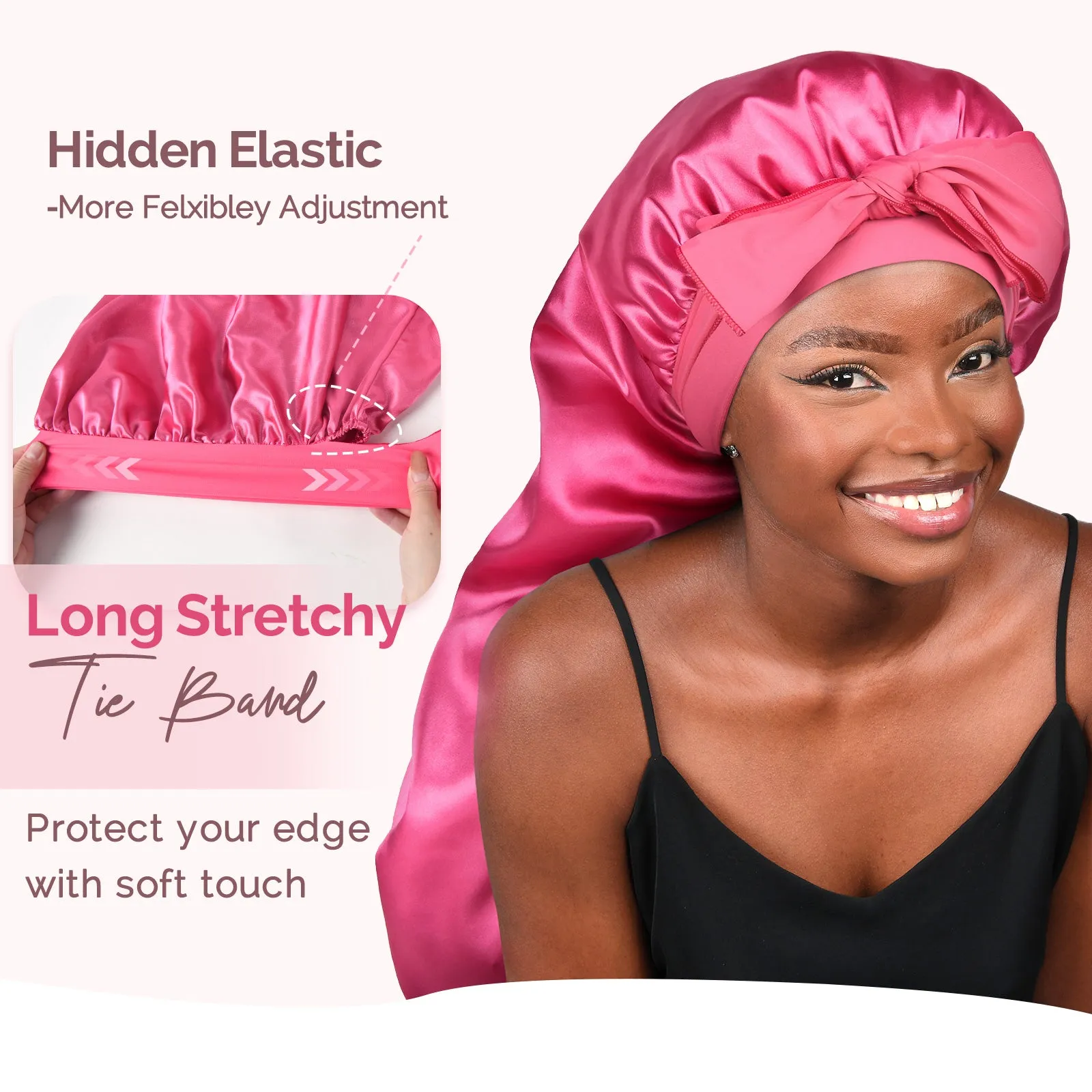 Silk Butter Satin Bonnet For Braids with Tie Band - Rose Pink sold by YANIBEST product image thumbnail 3