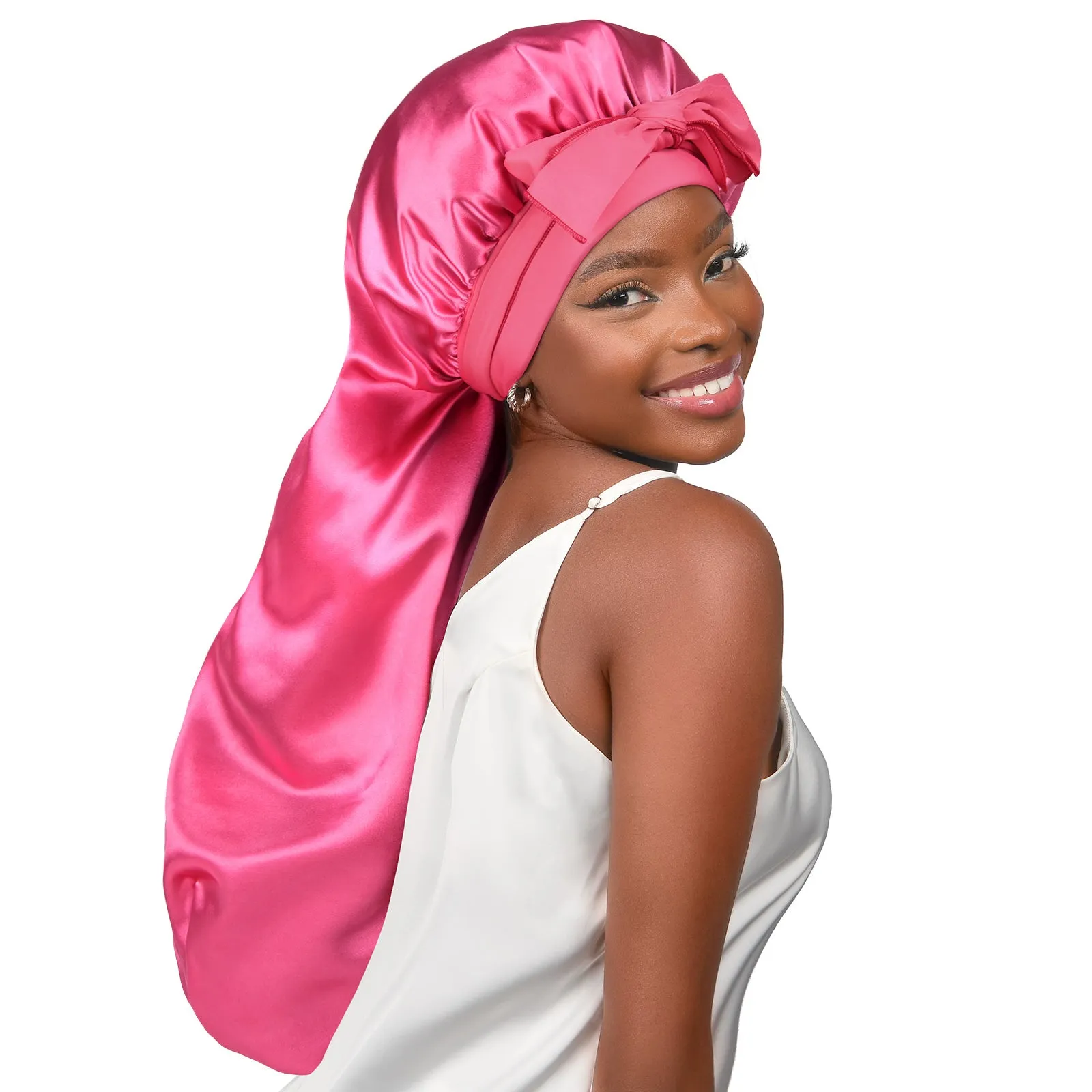 Silk Butter Satin Bonnet For Braids with Tie Band - Rose Pink sold by YANIBEST