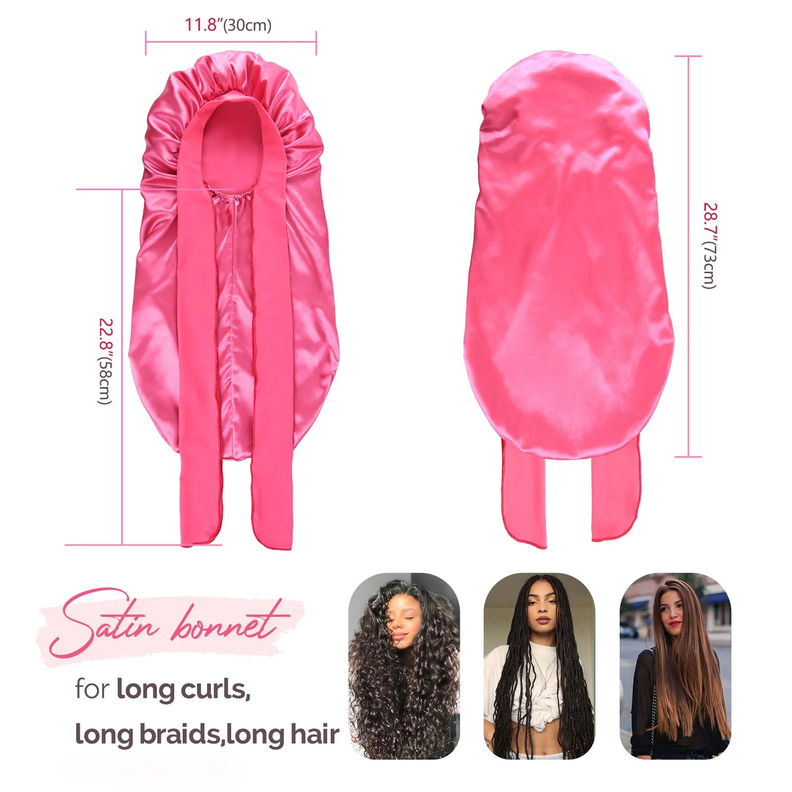 Silk Butter Satin Bonnet For Braids with Tie Band - Rose Pink sold by YANIBEST product image thumbnail 2