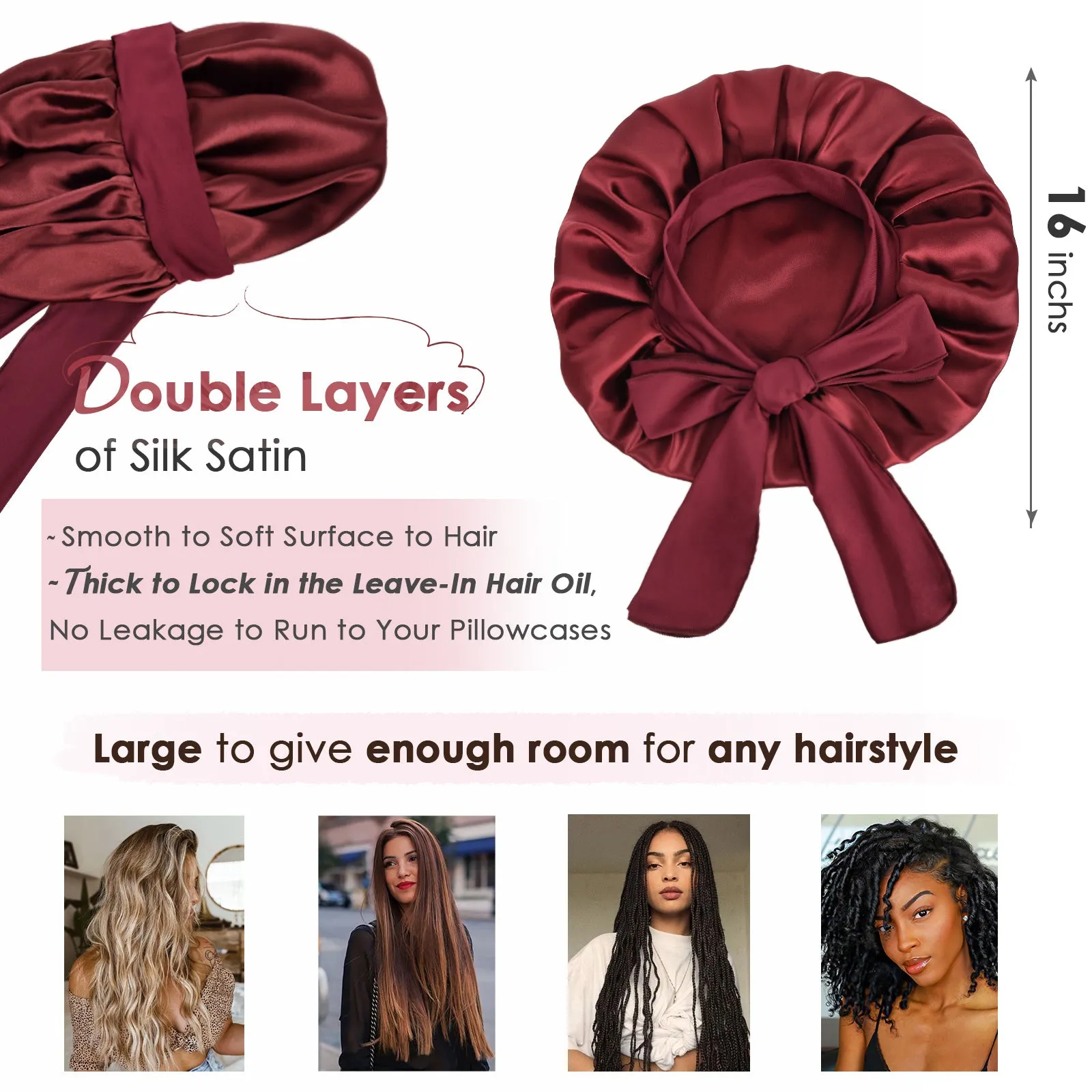 Silk Butter Satin Bonnet with Tie Band - Burgundy Red sold by YANIBEST product image thumbnail 4