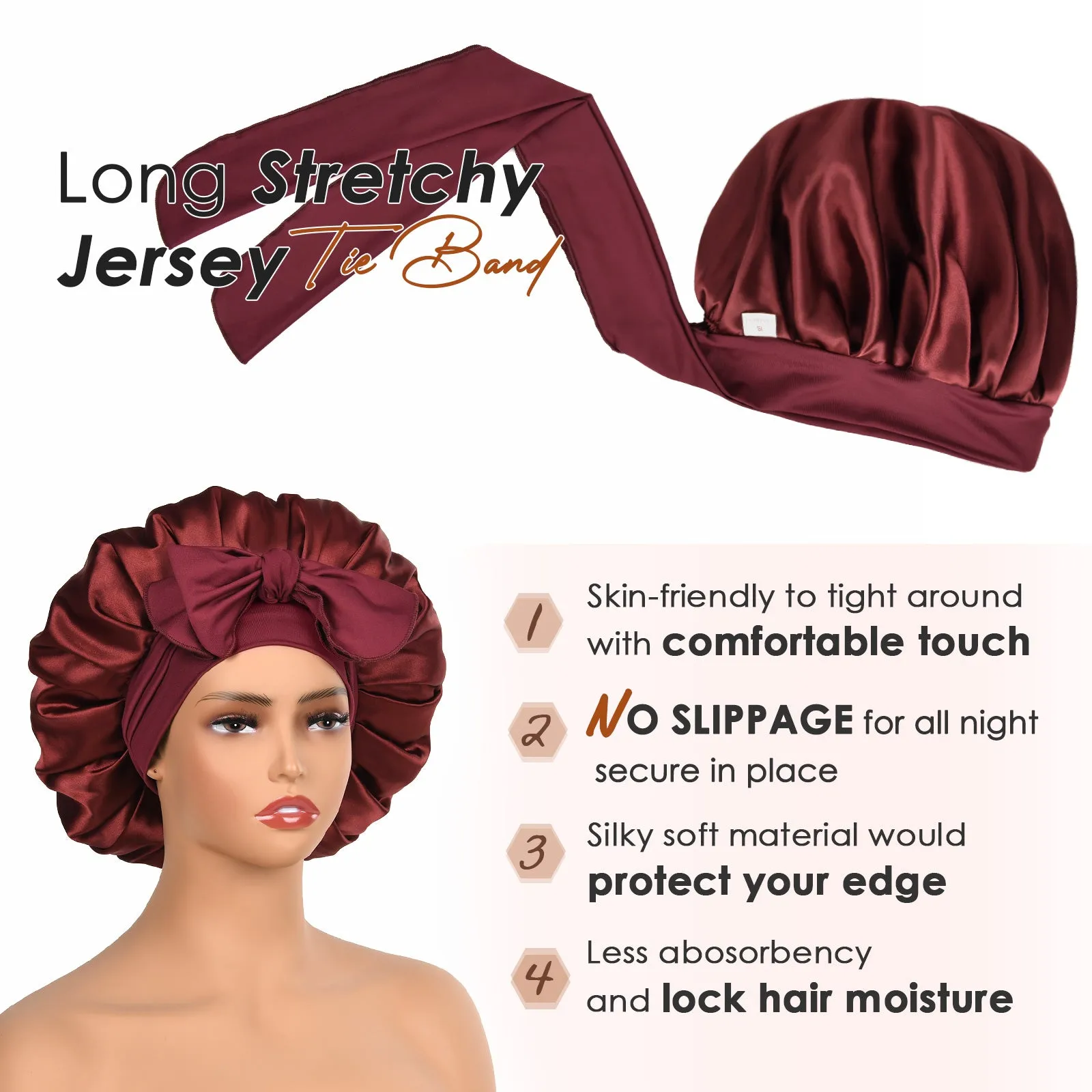 Silk Butter Satin Bonnet with Tie Band - Burgundy Red sold by YANIBEST product image thumbnail 5