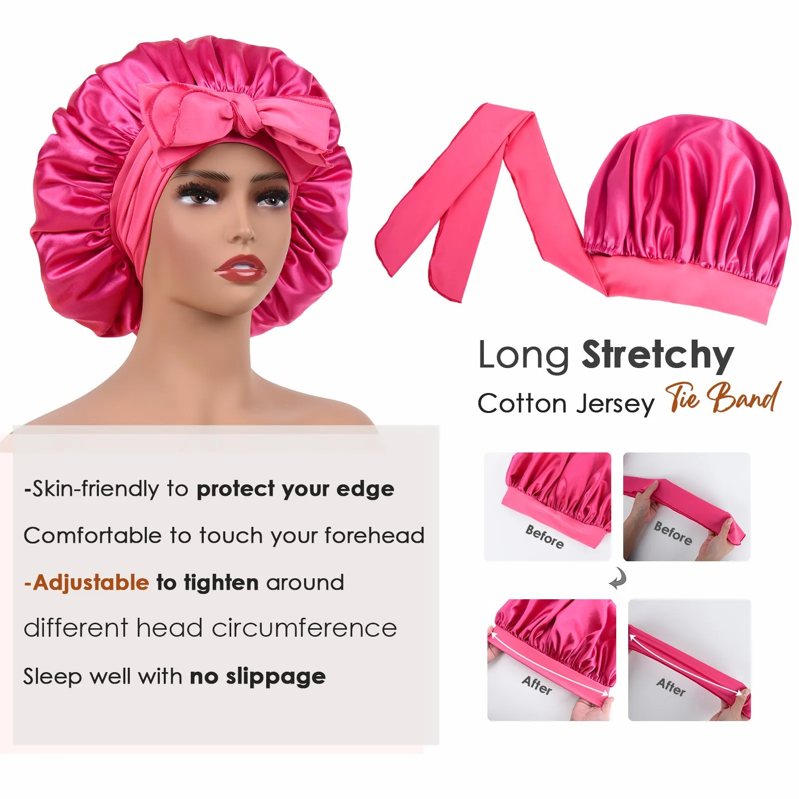 Silk Butter Satin Bonnet with Tie Band - Hot Pink sold by YANIBEST product image thumbnail 3