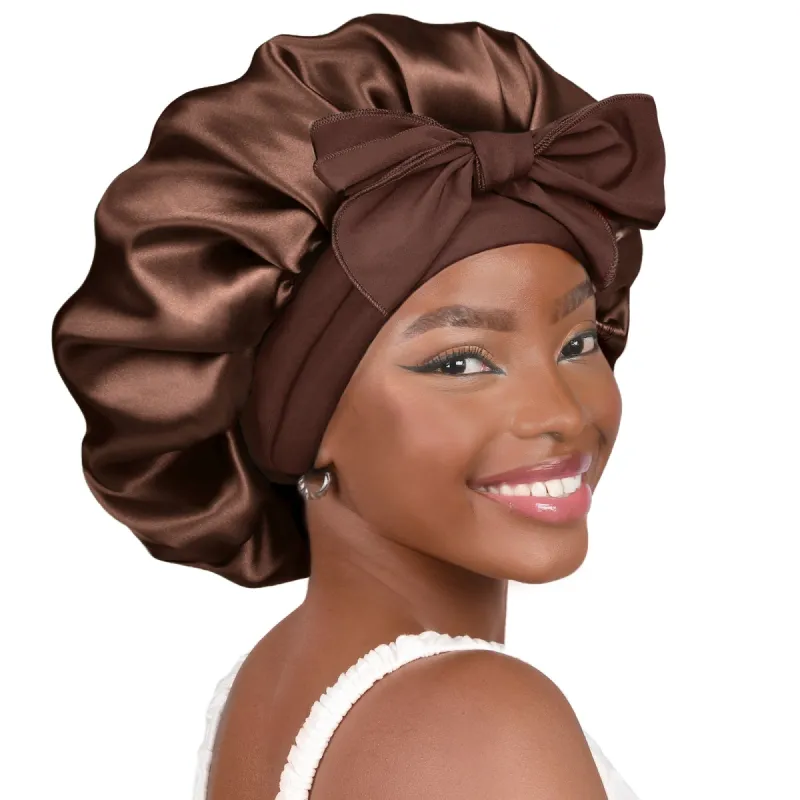 Tie Band Double Layer Butter Satin Bonnet | Brown sold by YANIBEST