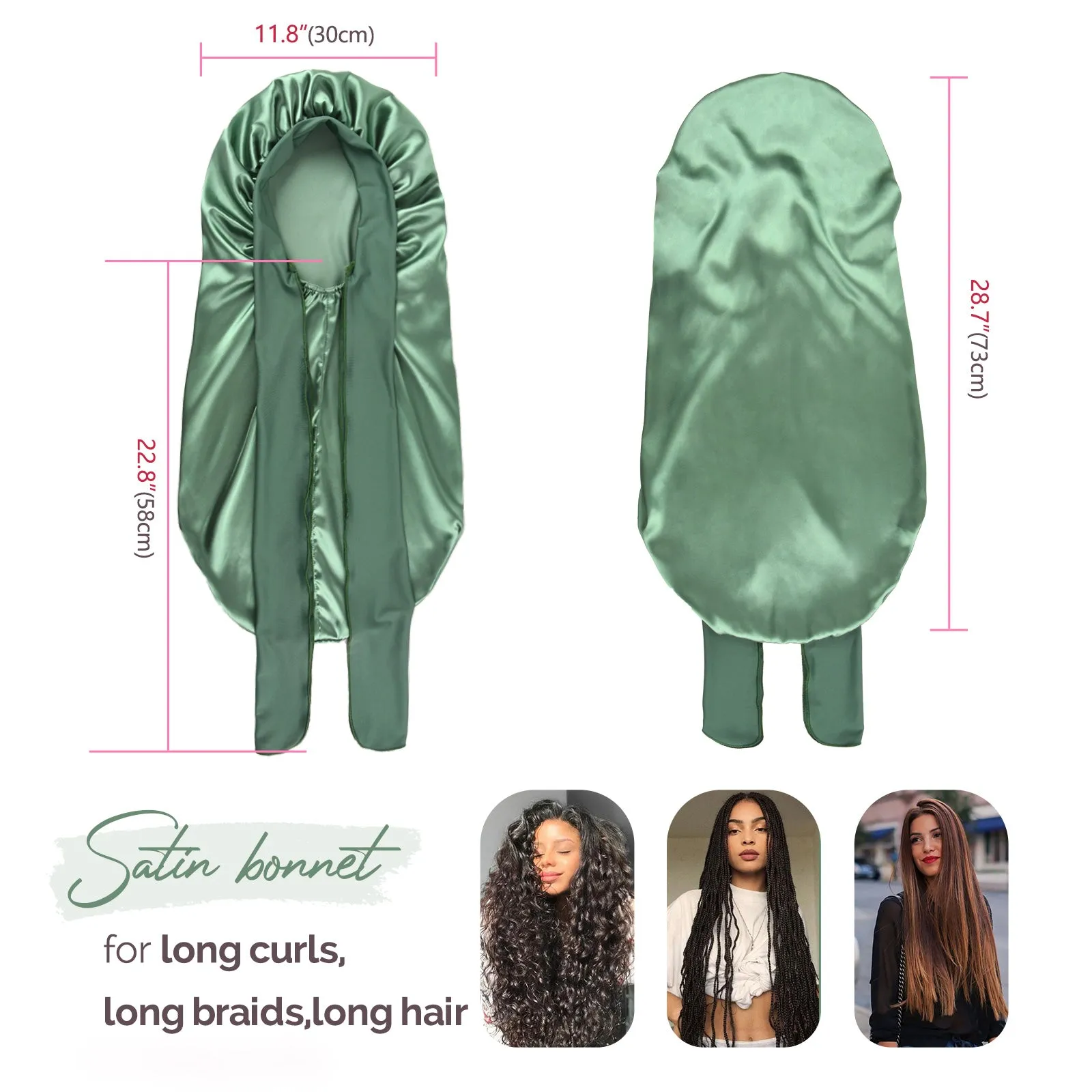 Silk Butter Satin Bonnet For Braids with Tie Band - Sage Green sold by YANIBEST product image thumbnail 2