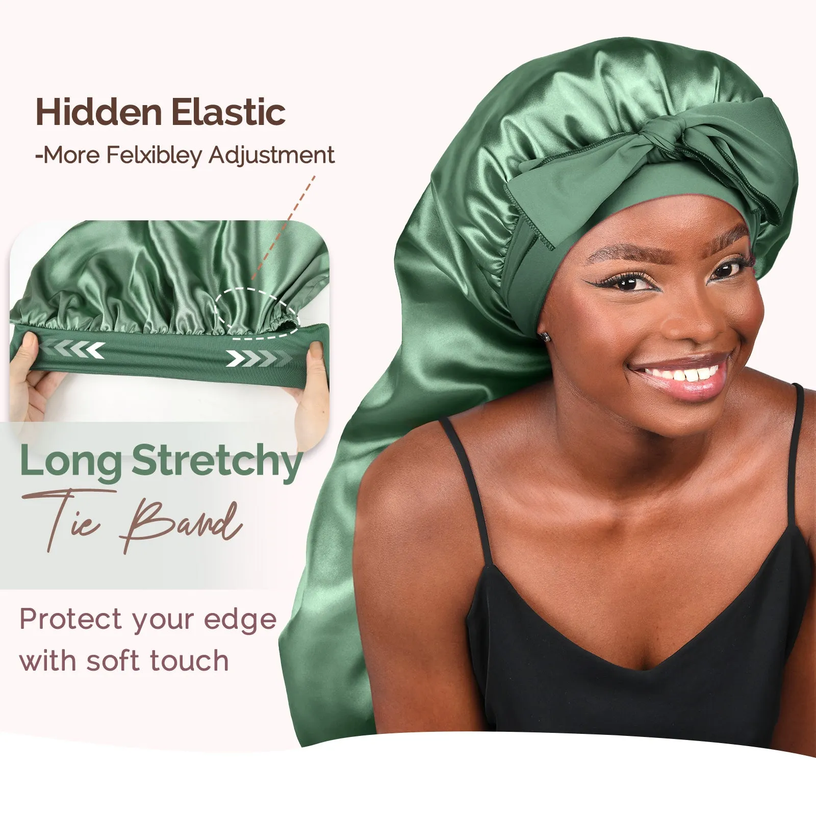 Silk Butter Satin Bonnet For Braids with Tie Band - Sage Green sold by YANIBEST product image thumbnail 3