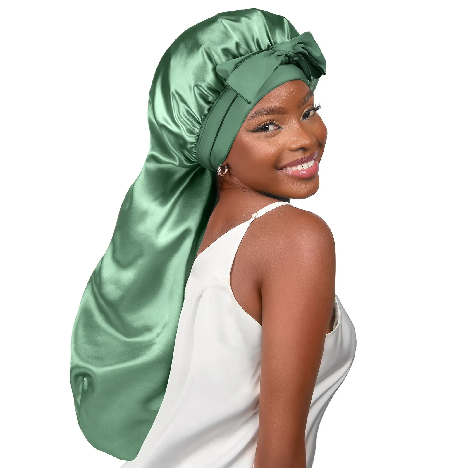 Silk Butter Satin Bonnet For Braids with Tie Band - Sage Green sold by YANIBEST