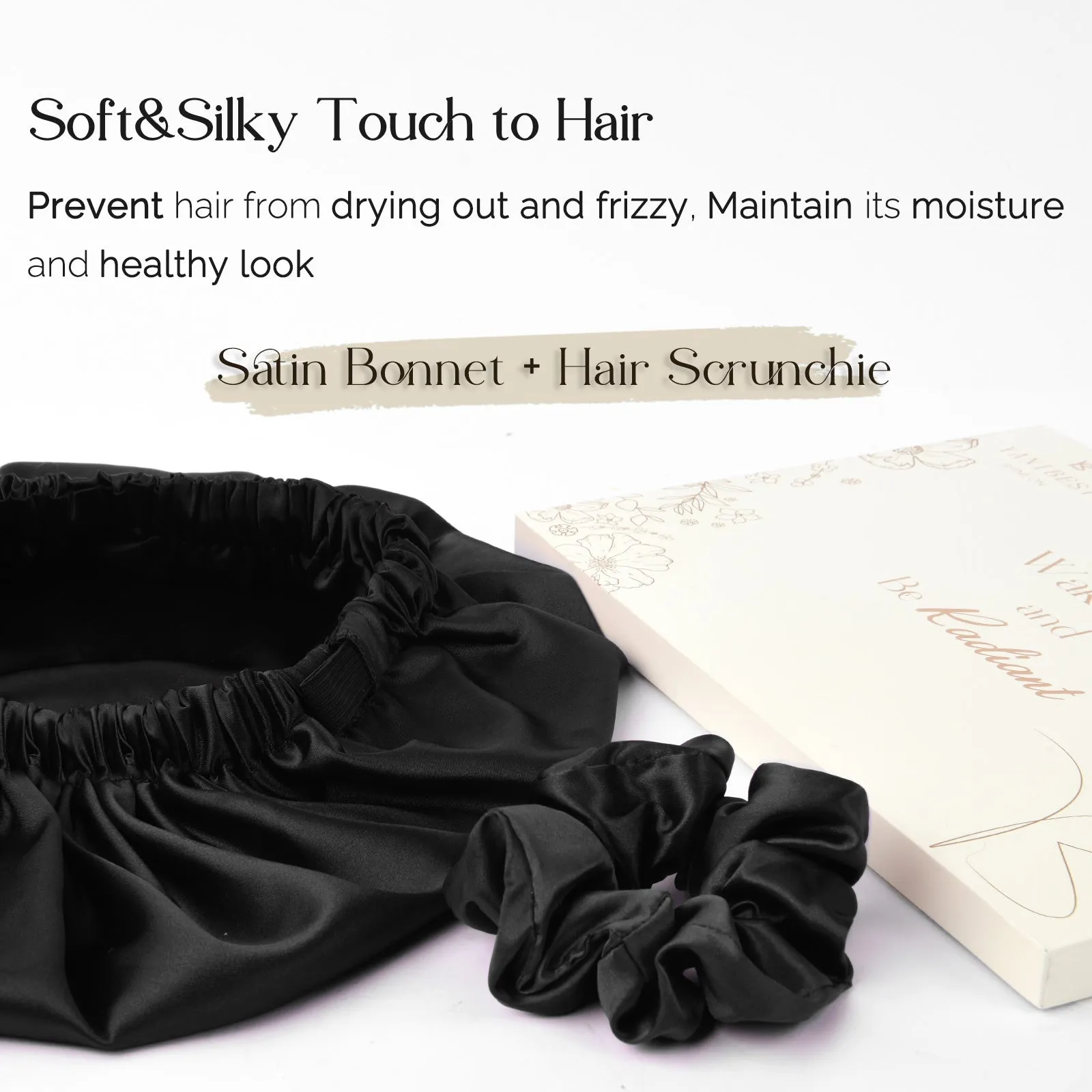 Silk Butter Satin Bonnet Adjustable Elastic - Black sold by YANIBEST product image thumbnail 5