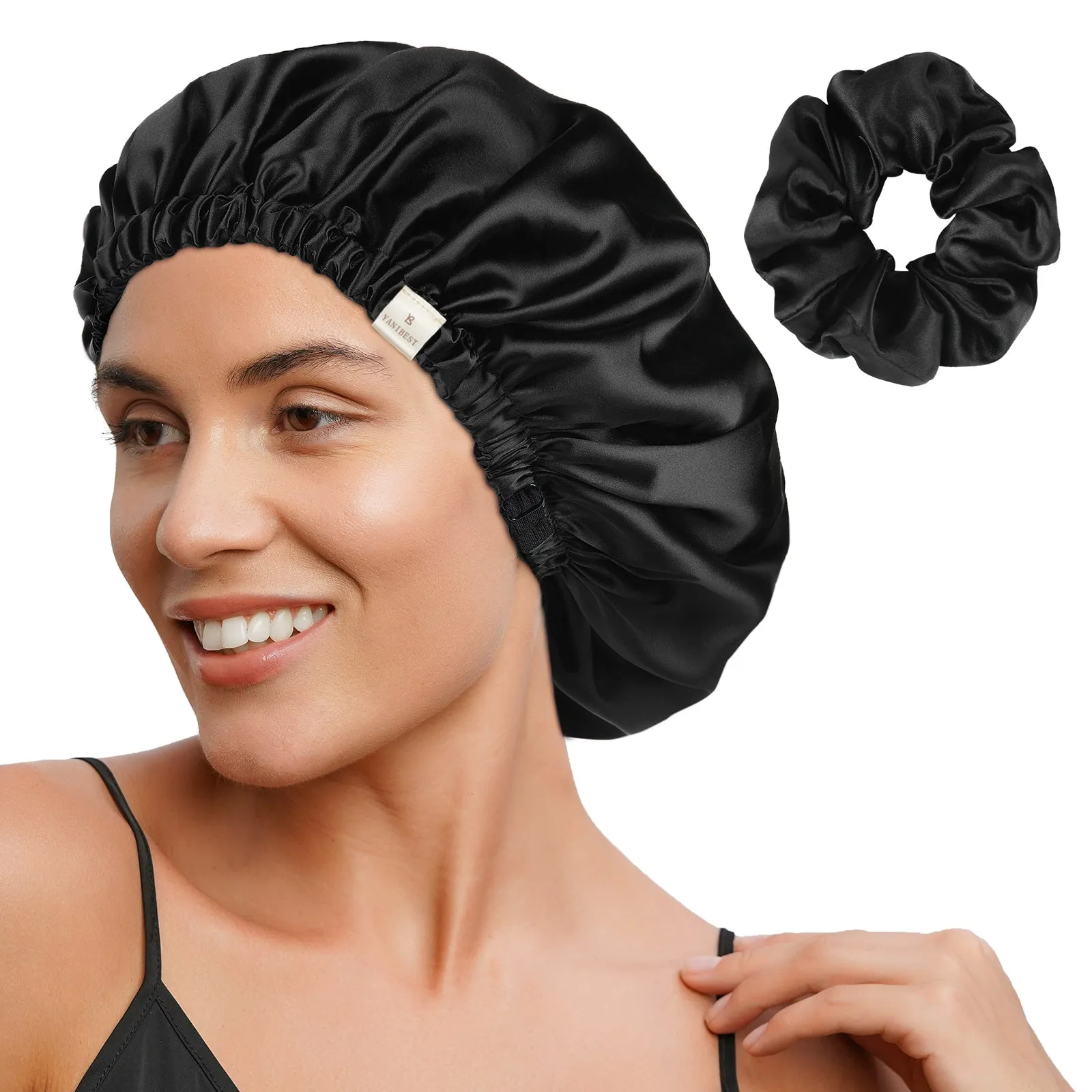 Silk Butter Satin Bonnet Adjustable Elastic - Black sold by YANIBEST