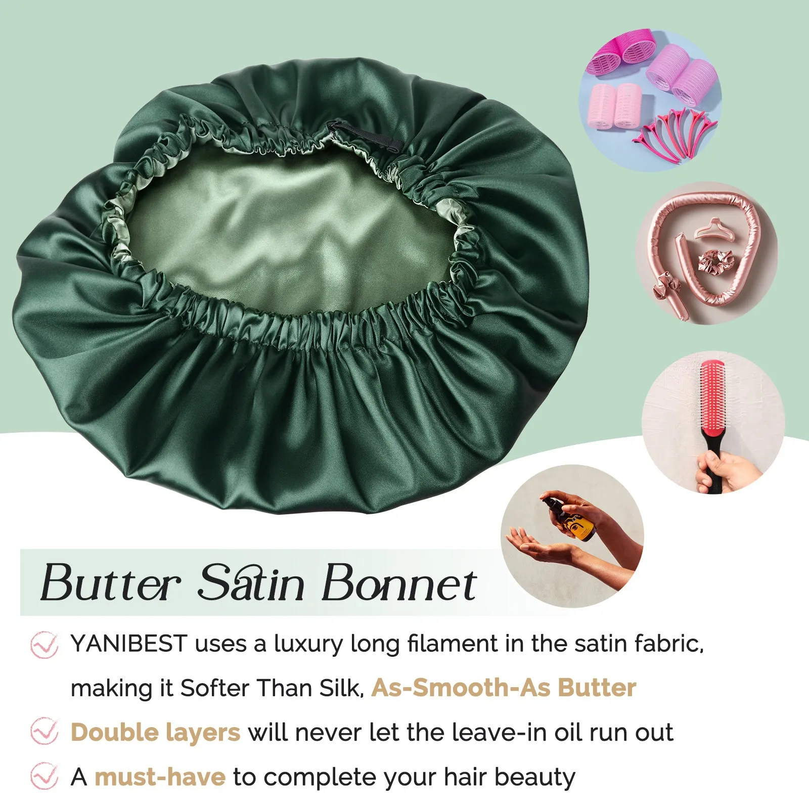 Silk Butter Satin Bonnet Adjustable Elastic - Dual Green sold by YANIBEST product image thumbnail 4