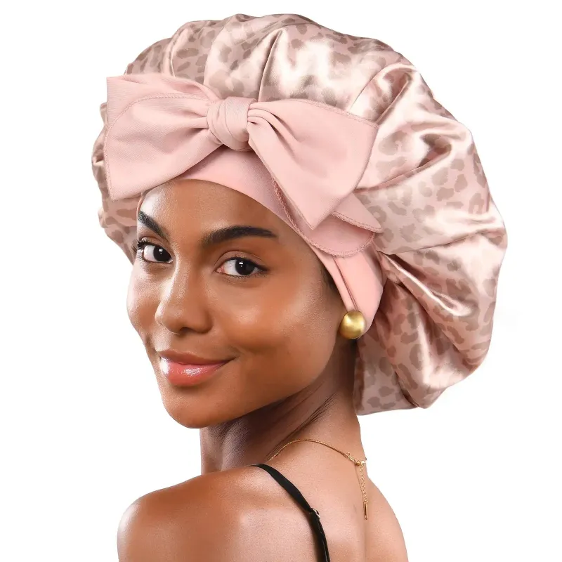 Butter Satin Bonnet with Tie Band - Pink Leopard sold by YANIBEST