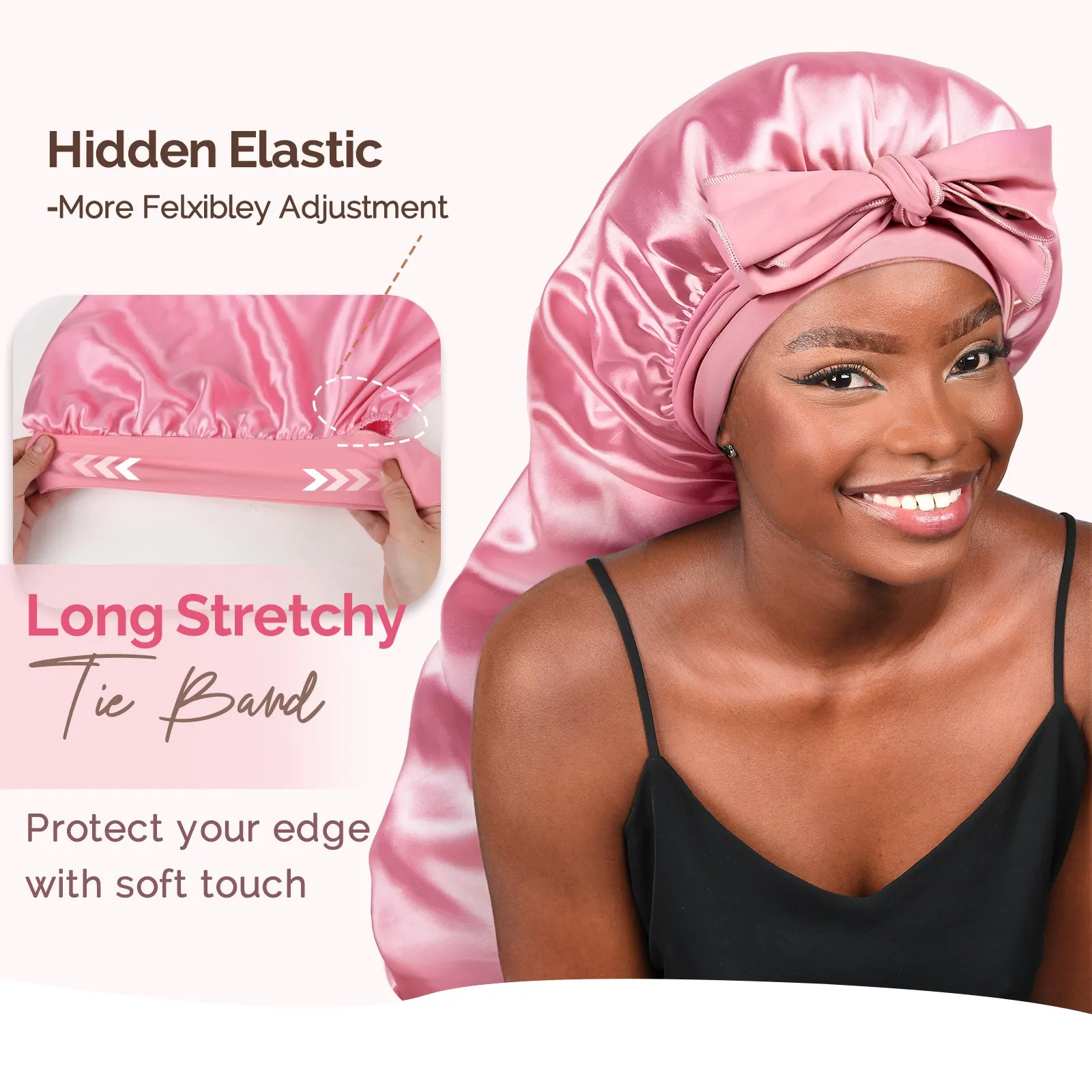 Silk Butter Satin Bonnet For Braids with Tie Band - Millennium Pink sold by YANIBEST product image thumbnail 3