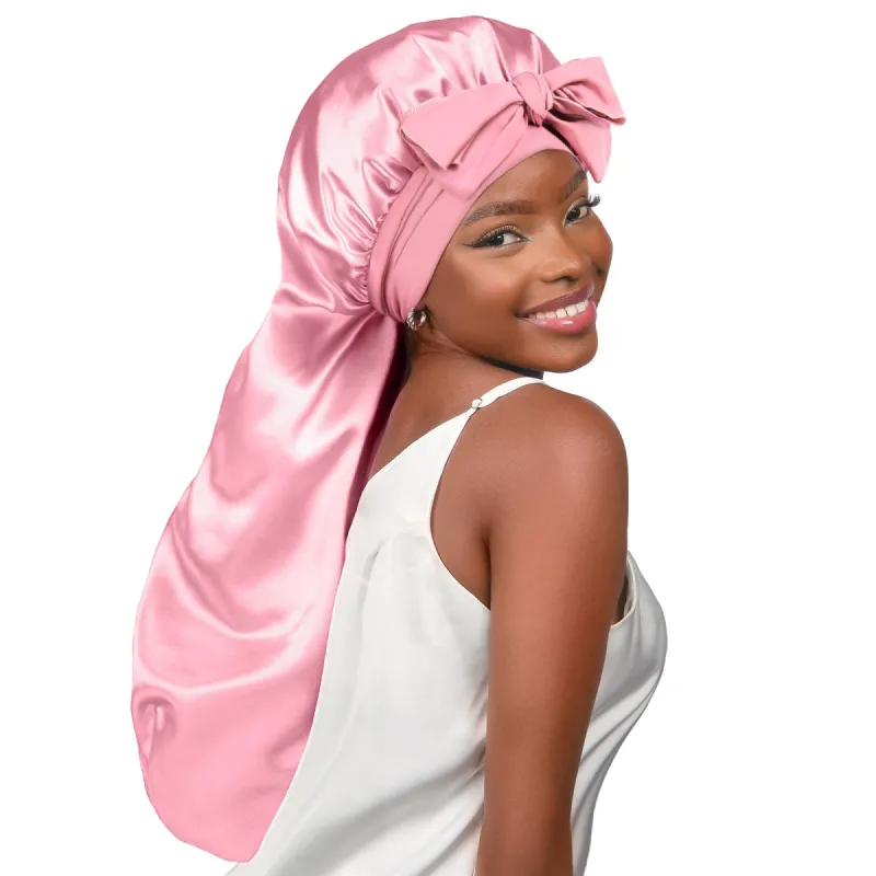 Tie Band Long Braids Butter Satin Bonnet |  Millennium Pink sold by YANIBEST