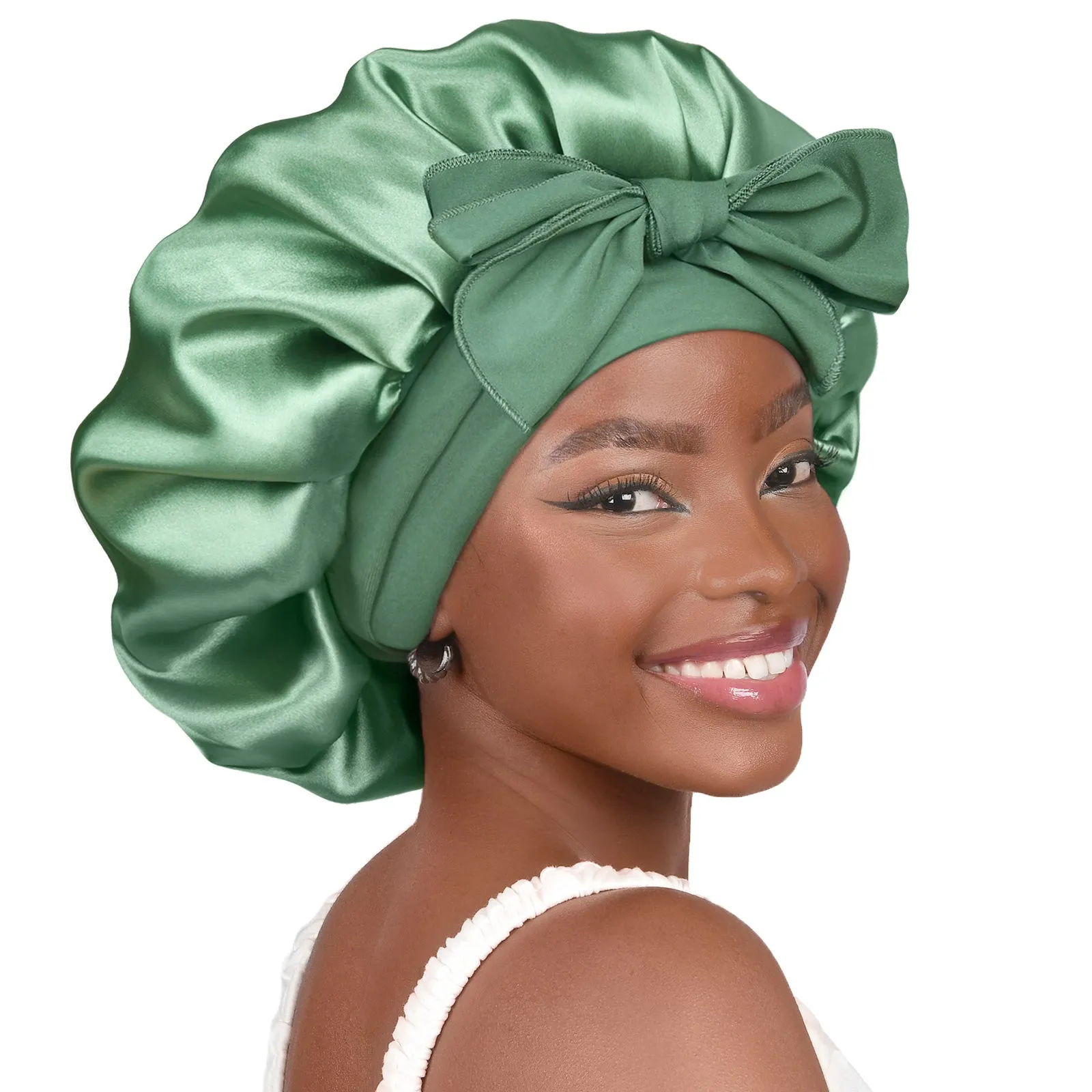 Silk Butter Satin Bonnet with Tie Band - Sage Green sold by YANIBEST