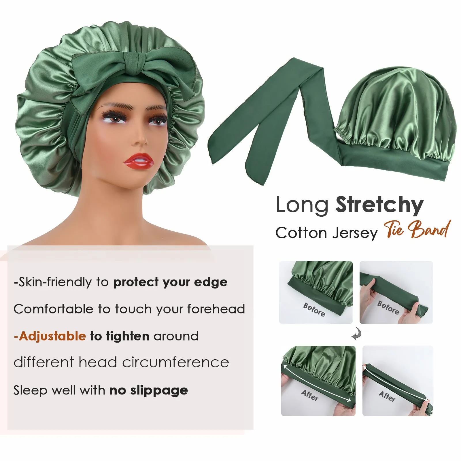 Silk Butter Satin Bonnet with Tie Band - Sage Green sold by YANIBEST product image thumbnail 4