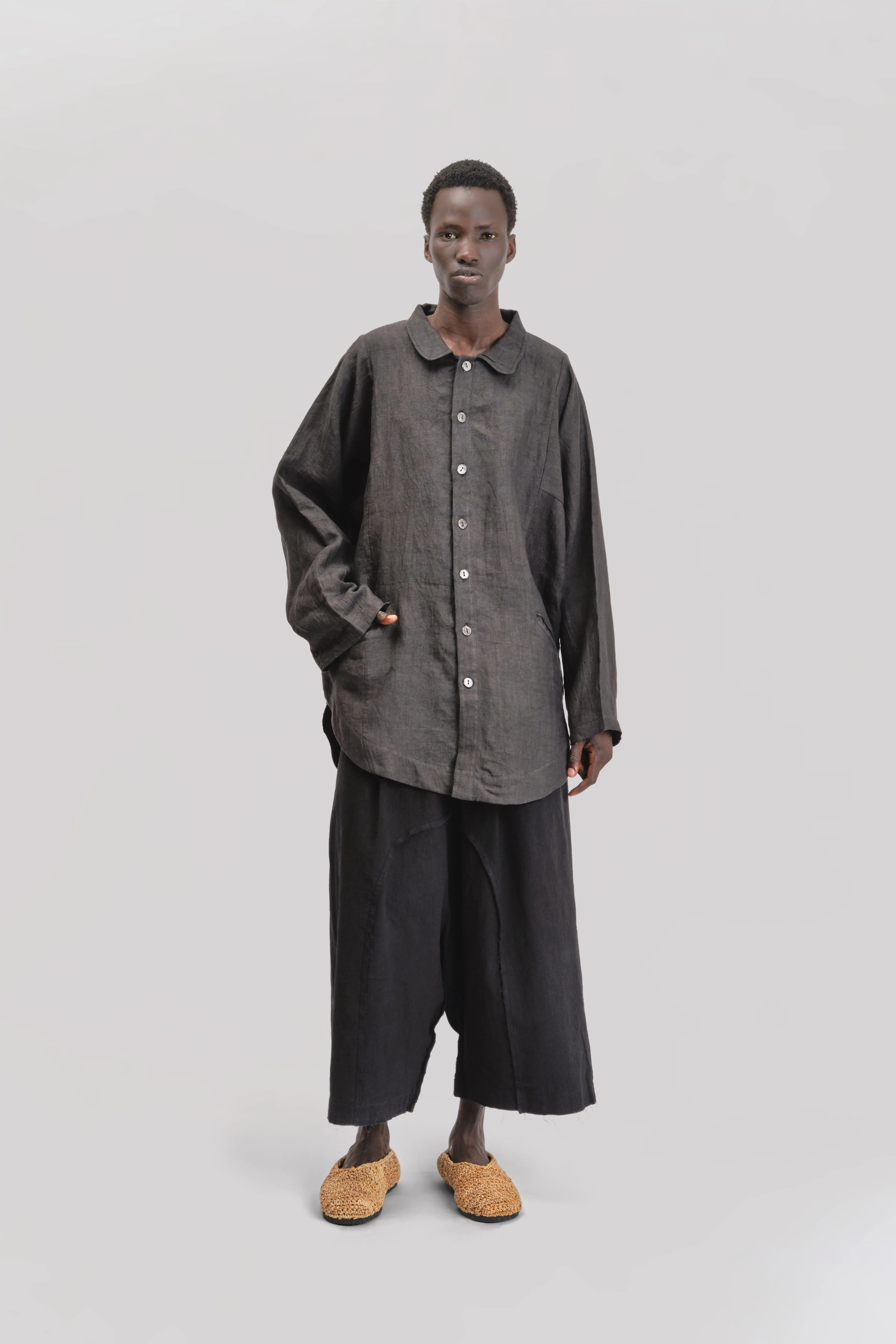 Farmer Shirt – Japanese Stonewashed Linen – Black sold by Gathering