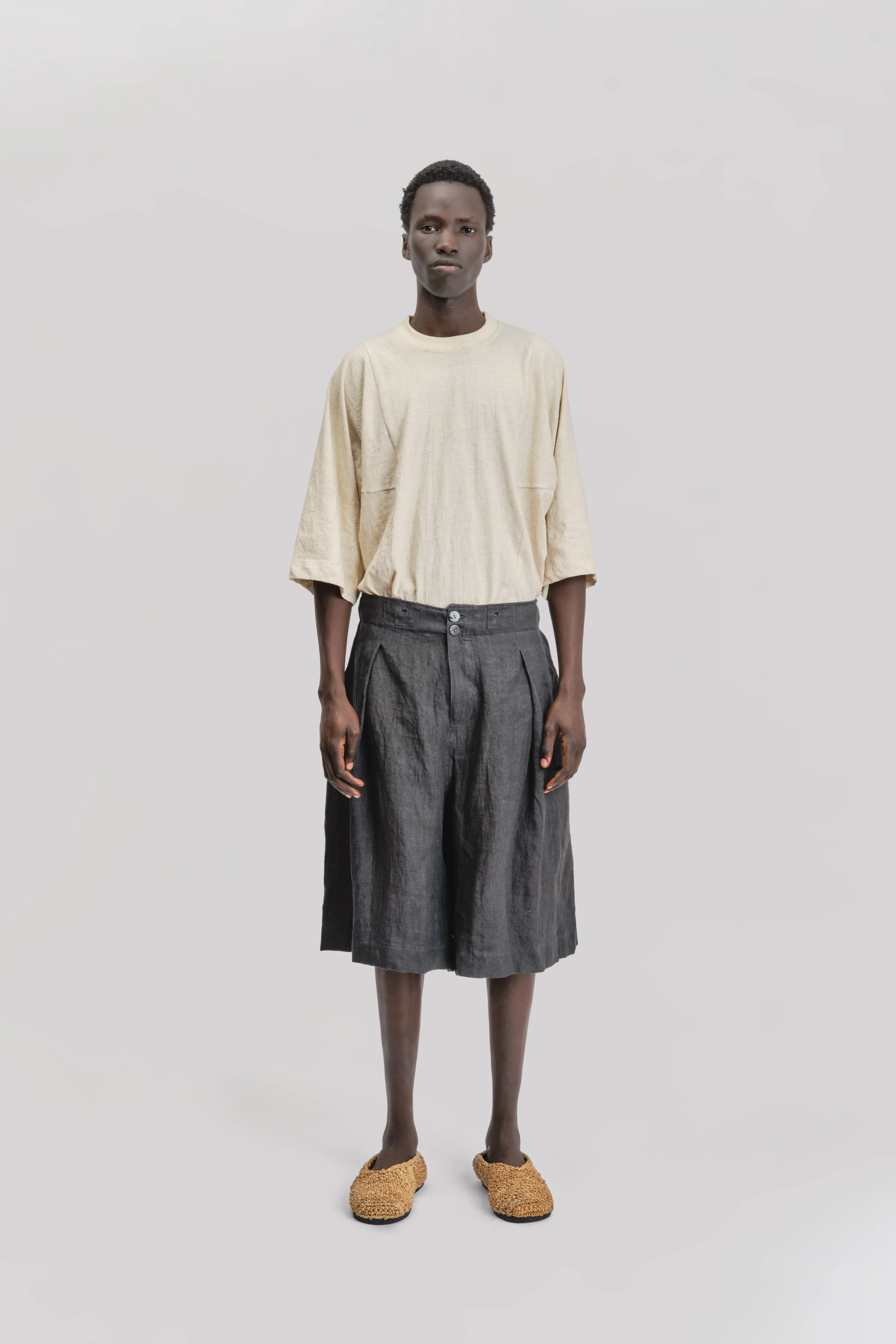Farmer Shorts - Japanese Stonewashed Linen - Black sold by Gathering