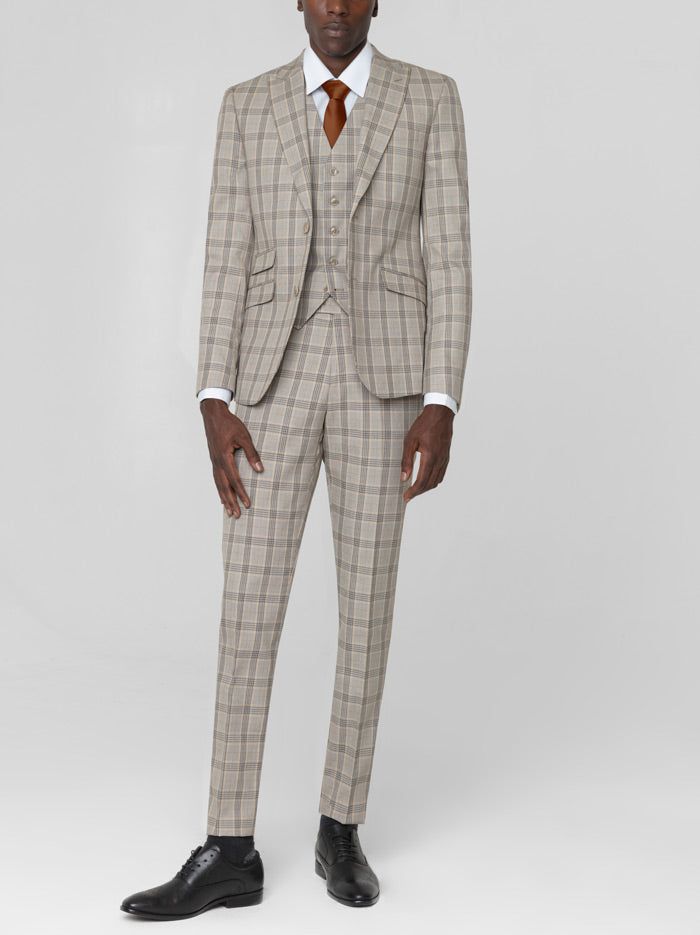 Khaki & Black Glen Plaid Three Piece Peak Lapel Ticket Pocket Suit (Clearance) sold by Alain Dupetit