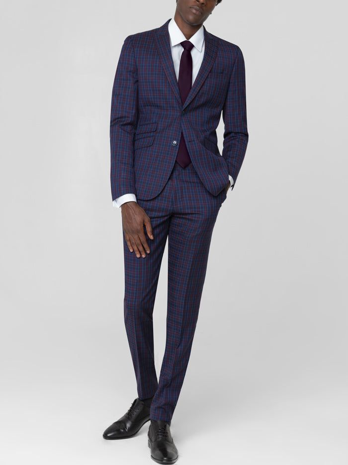 Navy Blue & Burgundy Plaid Two Button Peak Lapel Ticket Pocket Suit sold by Alain Dupetit