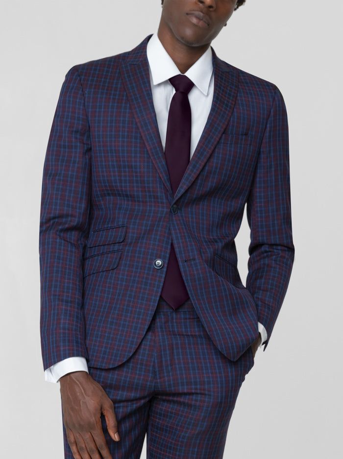Navy Blue & Burgundy Plaid Two Button Peak Lapel Ticket Pocket Suit sold by Alain Dupetit product image thumbnail 2