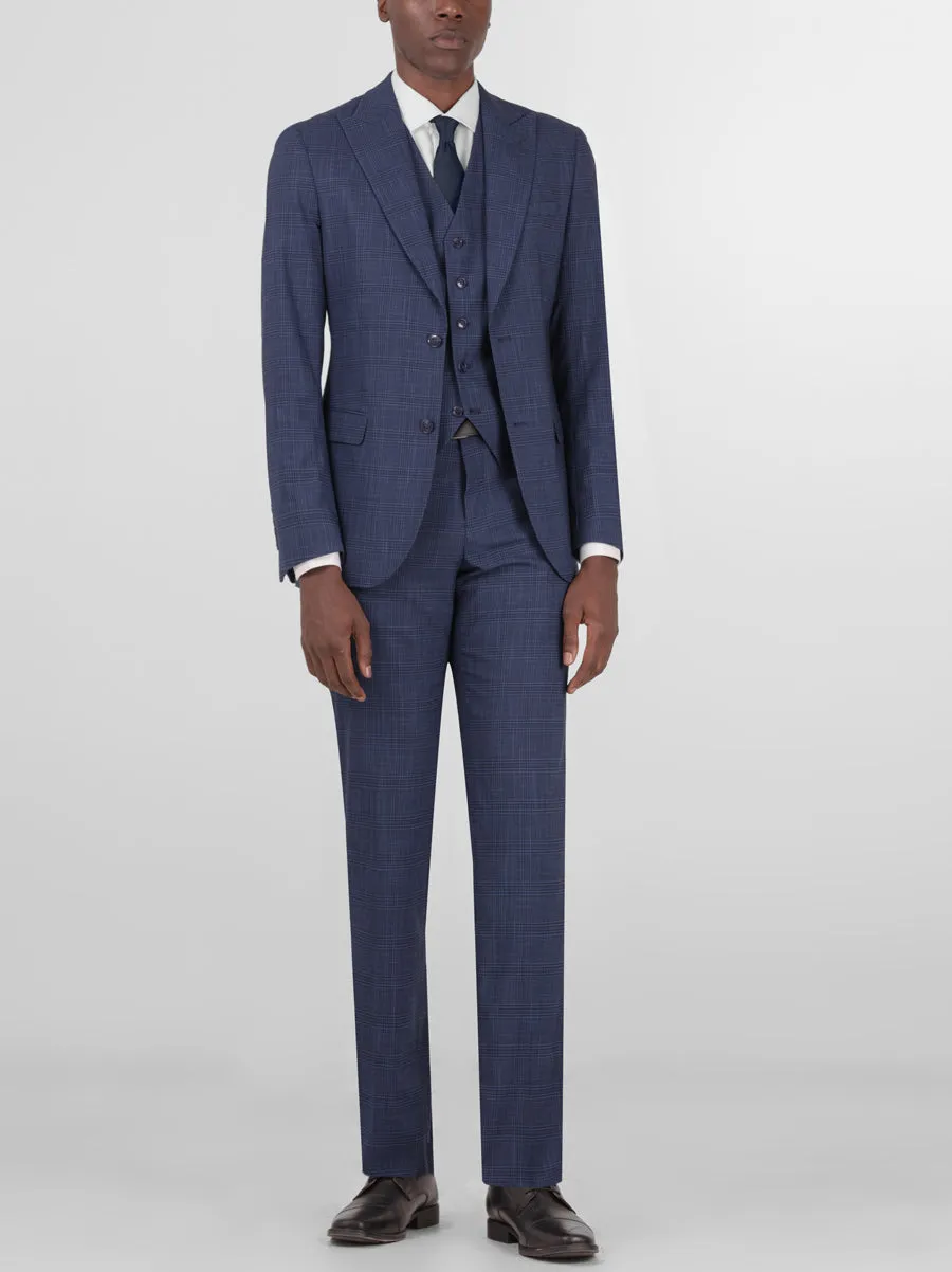 Dark Blue Plaid Three Piece Peak Lapel Suit sold by Alain Dupetit