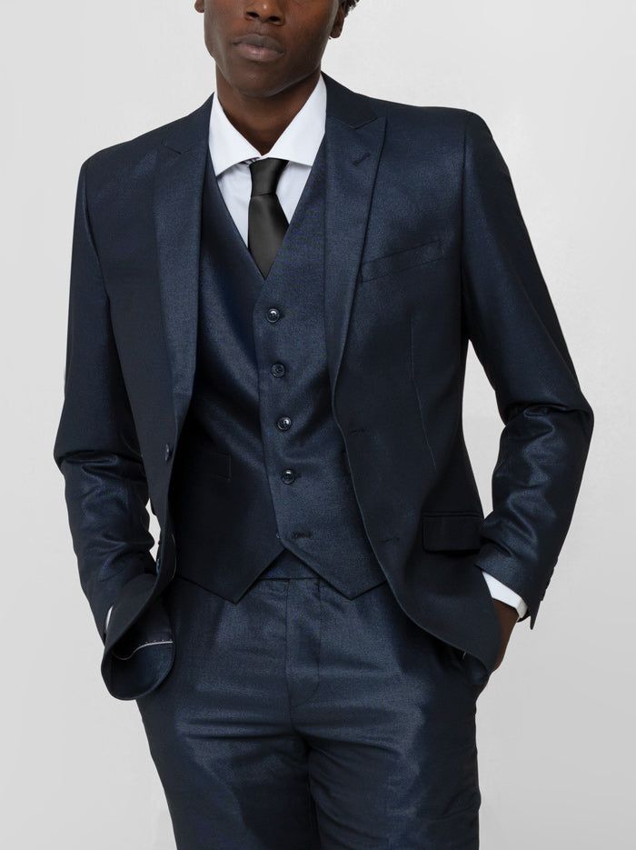 Shimmer Navy Blue Three Piece Peak Lapel Ticket Pocket Suit sold by Alain Dupetit product image thumbnail 4