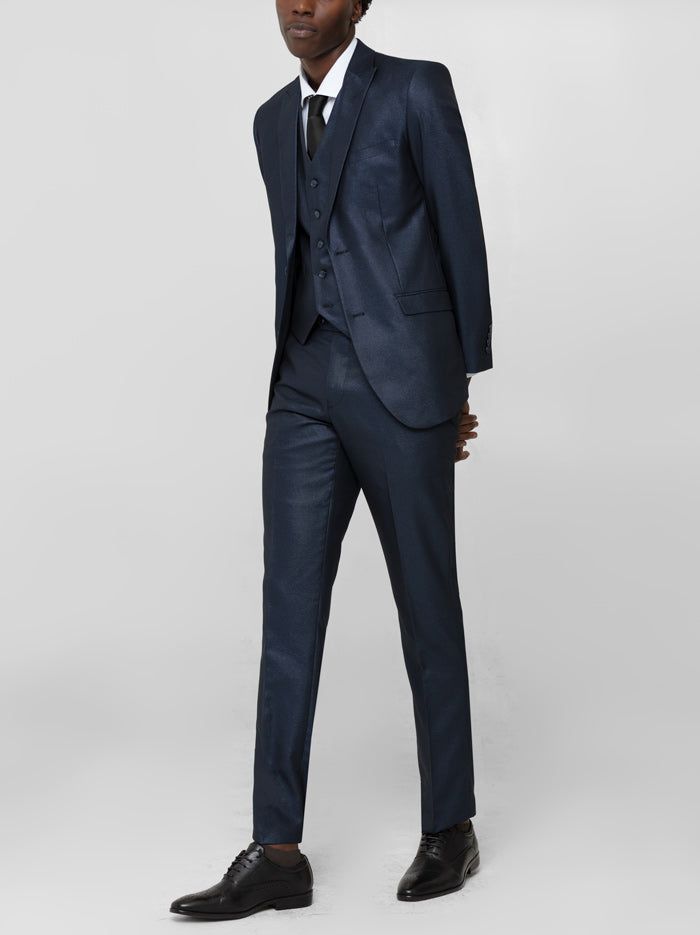 Shimmer Navy Blue Three Piece Peak Lapel Ticket Pocket Suit sold by Alain Dupetit