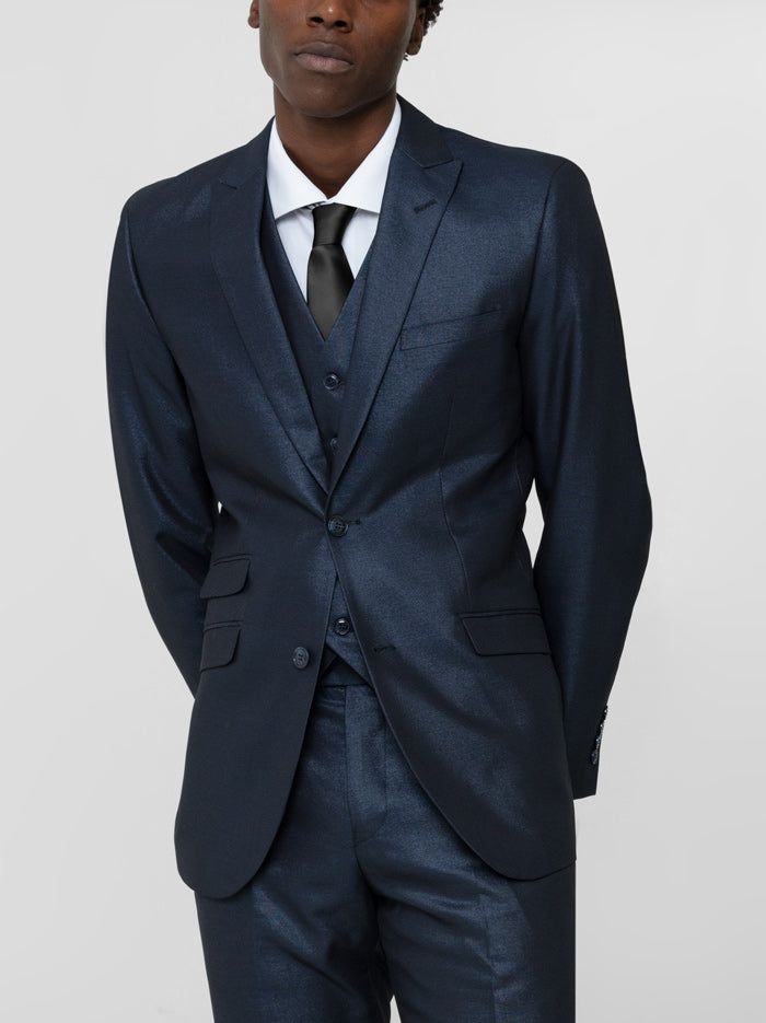 Shimmer Navy Blue Three Piece Peak Lapel Ticket Pocket Suit sold by Alain Dupetit product image thumbnail 3