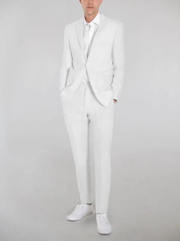 White Seersucker Two Button Suit sold by Alain Dupetit