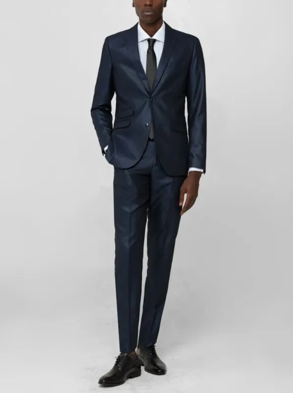Shimmer Navy Blue Two Button Peak Lapel Ticket Pocket Suit sold by Alain Dupetit