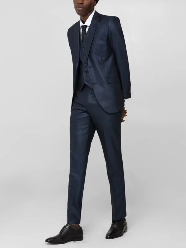 Shimmer Navy Blue Three Piece Peak Lapel Ticket Pocket Suit sold by Alain Dupetit