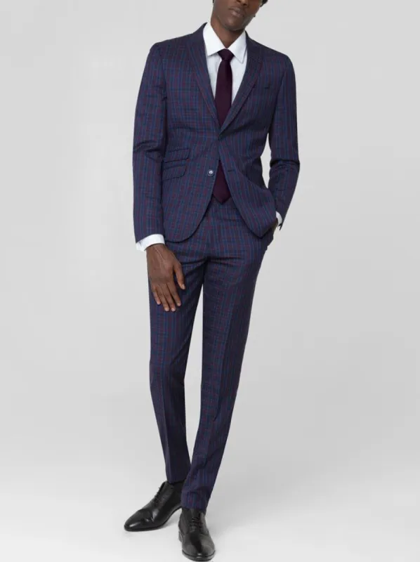 Navy Blue & Burgundy Plaid Two Button Peak Lapel Ticket Pocket Suit sold by Alain Dupetit