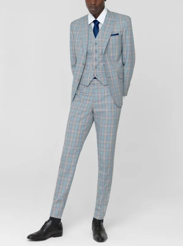 Navy Blue & Tan Plaid Three Piece Peak Lapel Ticket Pocket Suit (Clearance) sold by Alain Dupetit