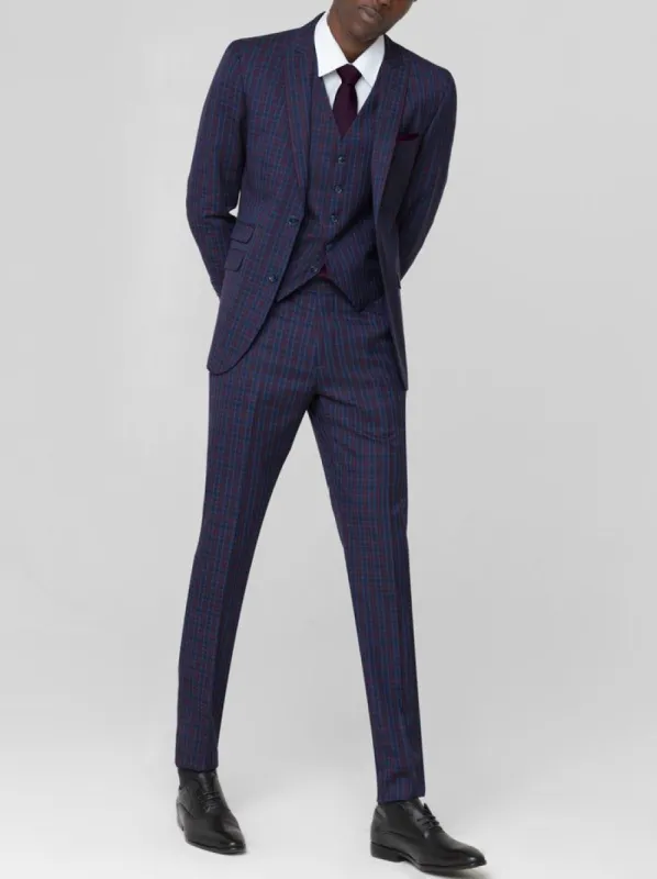 Navy Blue & Burgundy Plaid Three Piece Peak Lapel Ticket Pocket Suit sold by Alain Dupetit