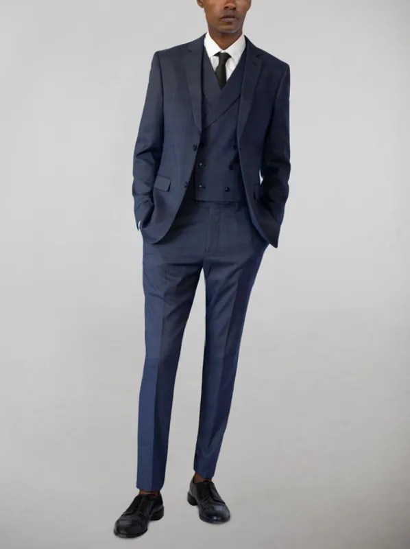 Navy Blue Plaid Three Piece Double Breasted Vest Suit sold by Alain Dupetit