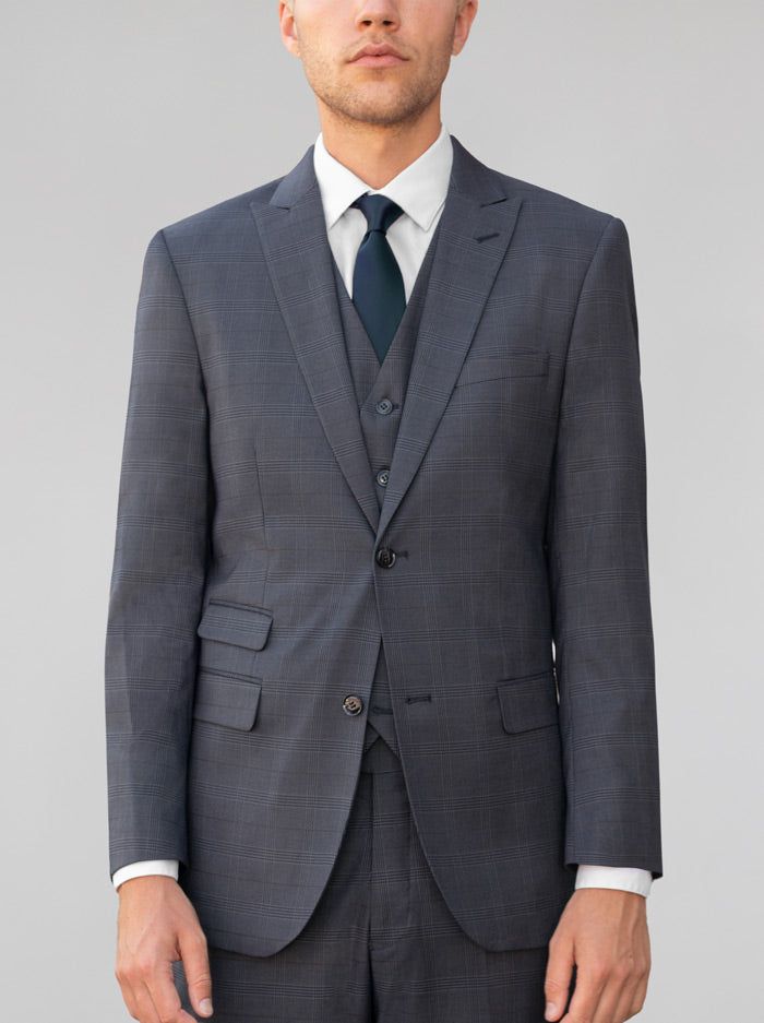 Blue Grey Plaid Three Piece Peak Lapel Ticket Pocket Suit (Clearance) sold by Alain Dupetit product image thumbnail 3