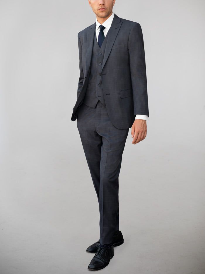 Blue Grey Plaid Three Piece Peak Lapel Ticket Pocket Suit (Clearance) sold by Alain Dupetit