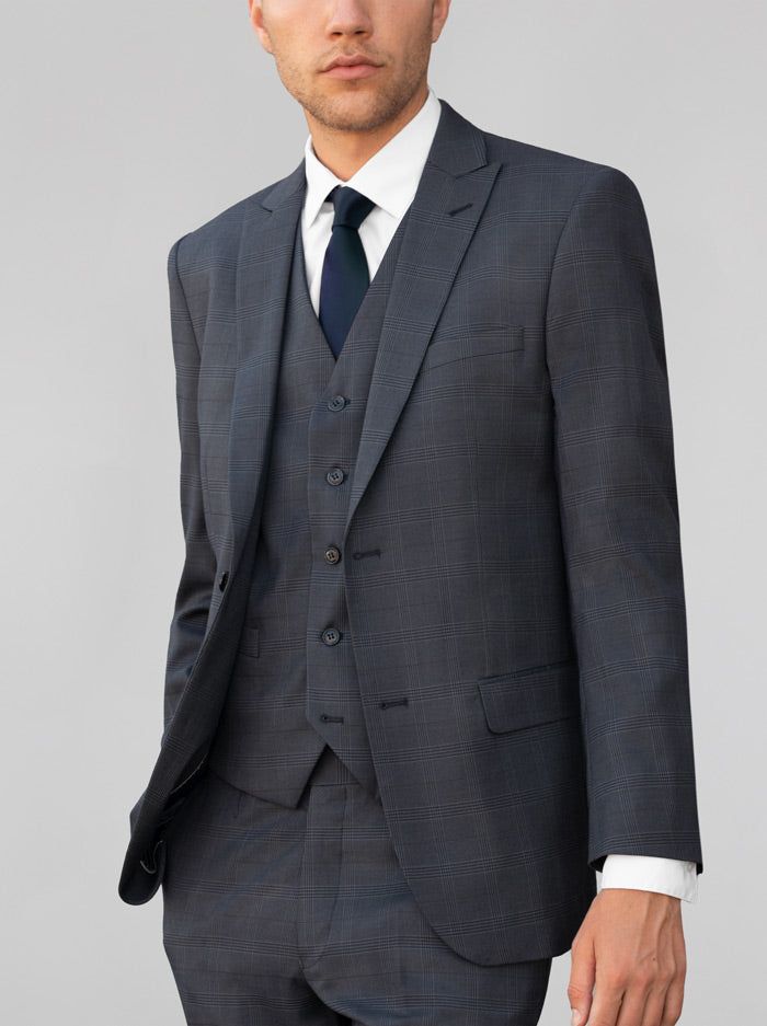 Blue Grey Plaid Three Piece Peak Lapel Ticket Pocket Suit (Clearance) sold by Alain Dupetit product image thumbnail 2