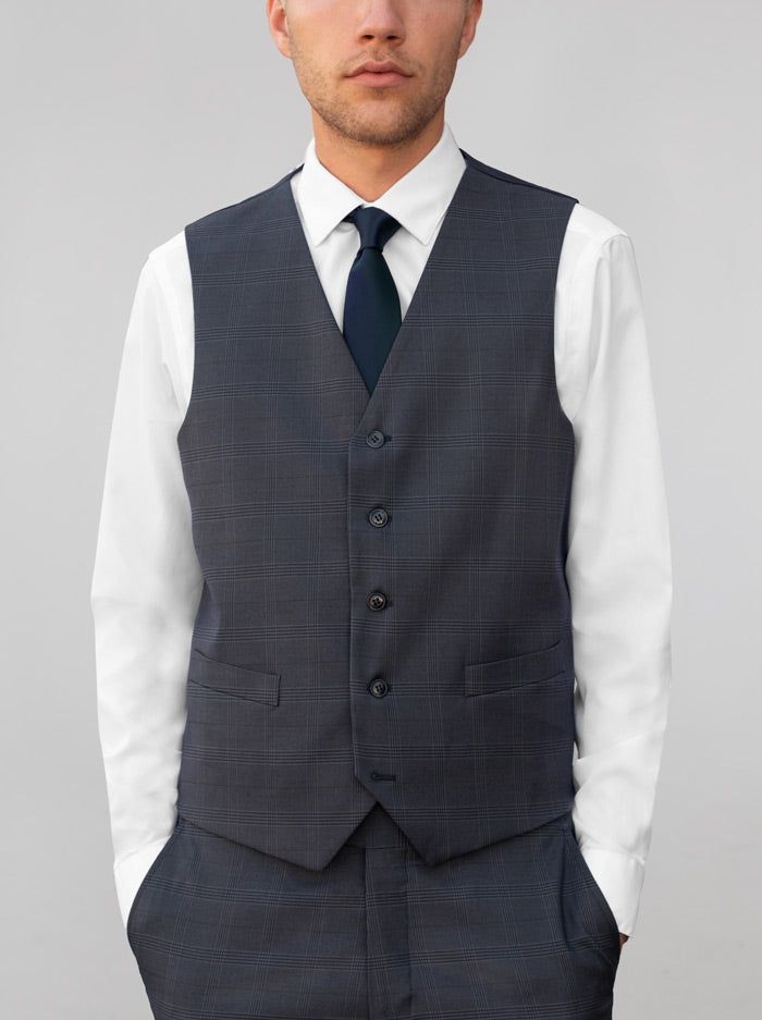 Blue Grey Plaid Three Piece Peak Lapel Ticket Pocket Suit (Clearance) sold by Alain Dupetit product image thumbnail 4