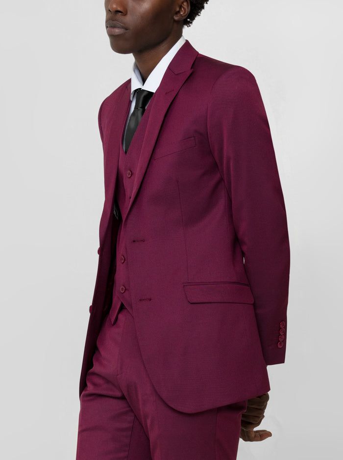 Burgundy Birdseye Three Piece Peak Lapel Ticket Pocket Suit sold by Alain Dupetit product image thumbnail 4