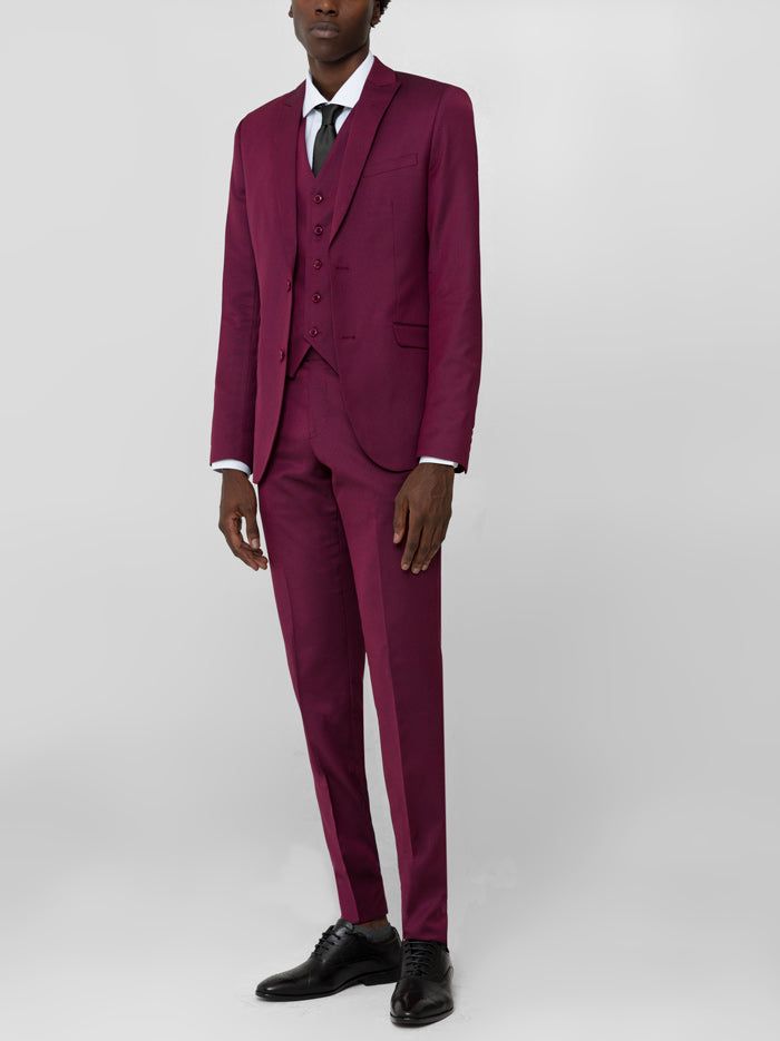 Burgundy Birdseye Three Piece Peak Lapel Ticket Pocket Suit sold by Alain Dupetit